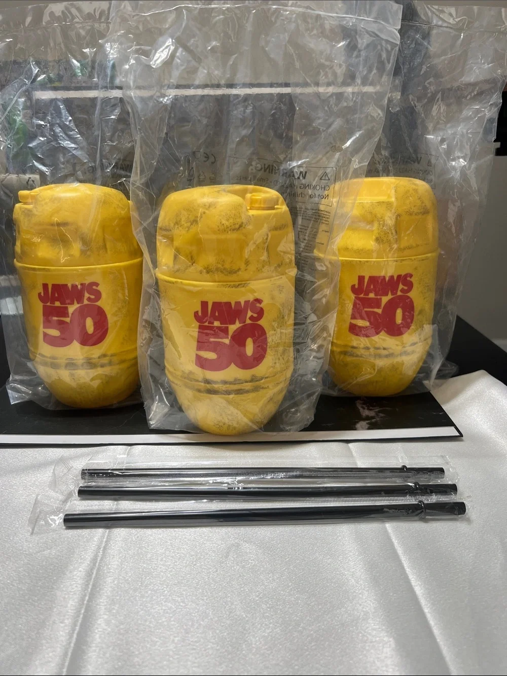 JAWS 50 Commemorative Yellow Plastic Cup with Straw - Party Drinkware